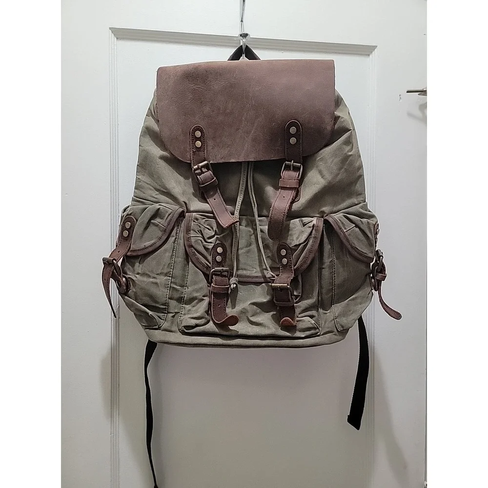 Distressed Heavy Duty Green Canvas & Leather Backpack OKPTA1519426, OK.0973628